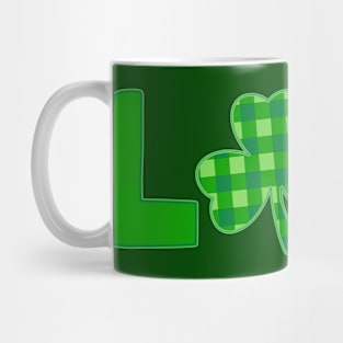 Love, Green typography with a green plaid shamrock Mug